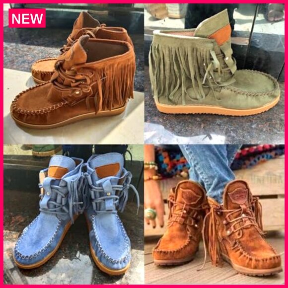 Vintage Fringed Ankle Booties Lightweight Suede Mocc Up Casual - Picture 3 of 7